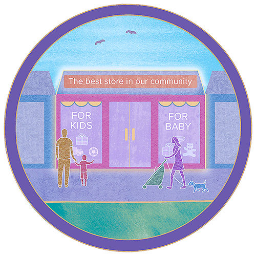 Original storefront illustration: the best store in our community, for kids and for baby